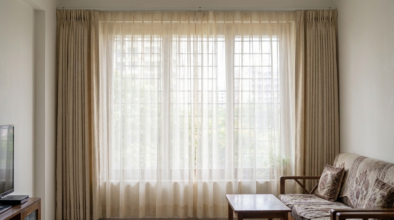 Layered sheer and blackout curtains on a double track in a renovated Indian apartment living room.