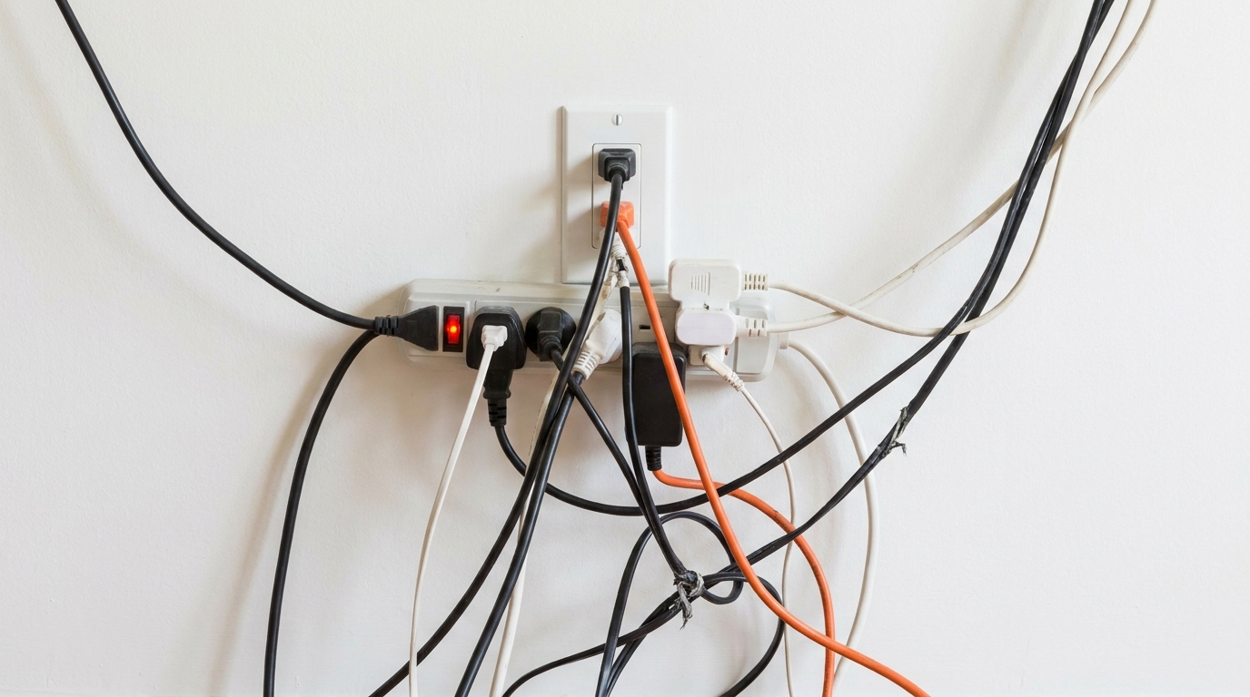 Wall outlet overloaded with multiple extension cords and multi-plug adapters.