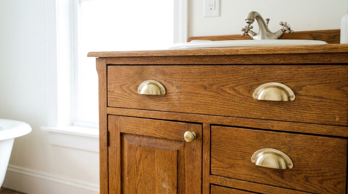 Bathroom vanity cabinet fitted with a uniform set of brushed-brass handles on every drawer and door.