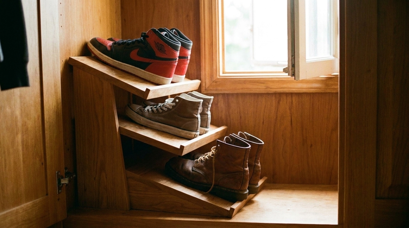 Wardrobe floor fitted with a slanted tiered shoe rack showing each pair of shoes individually visible.