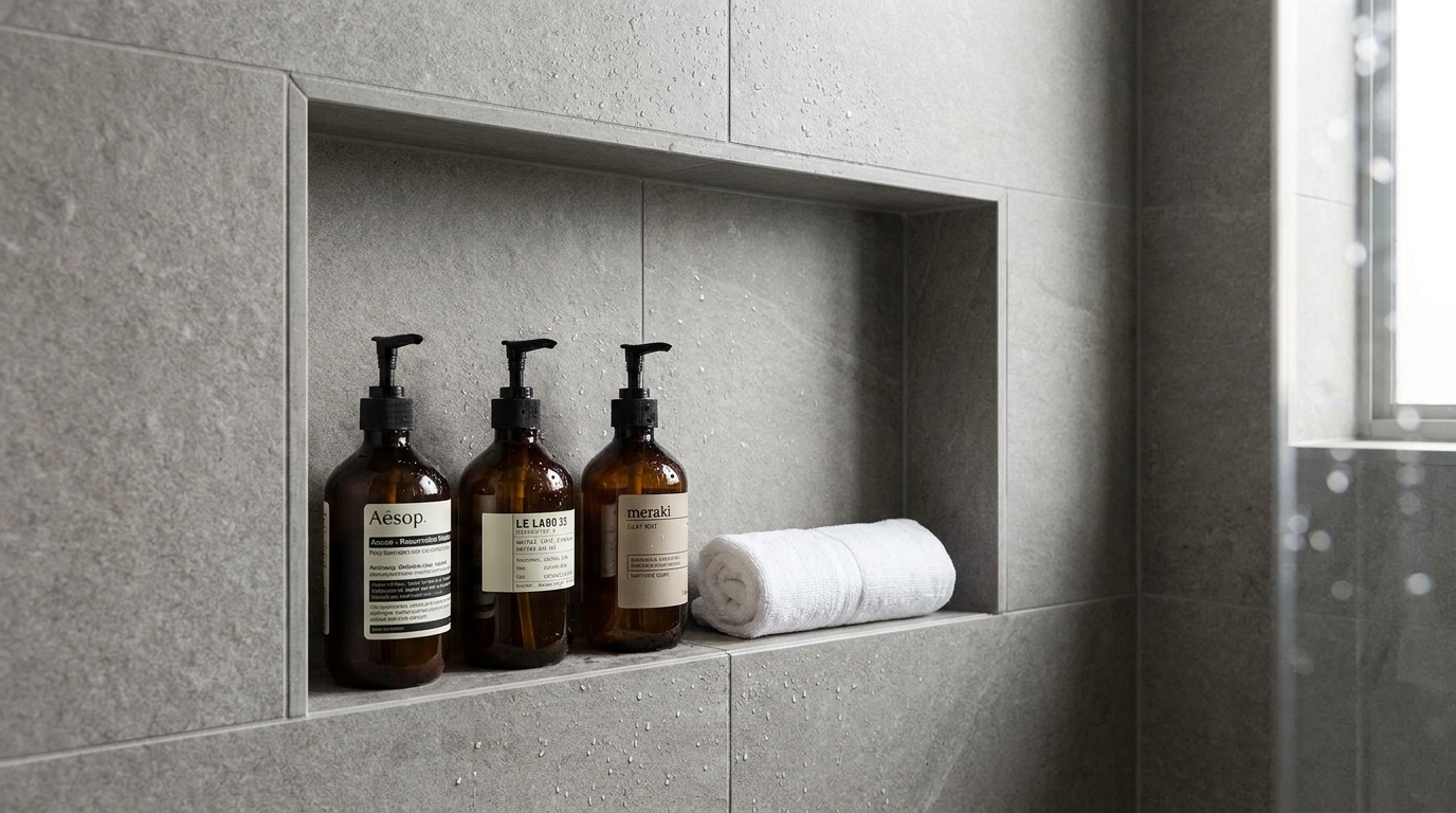 A neat rectangular recessed storage niche built directly into a shower wall, lined with matching grey porcelain tiles and holding amber glass bottles.