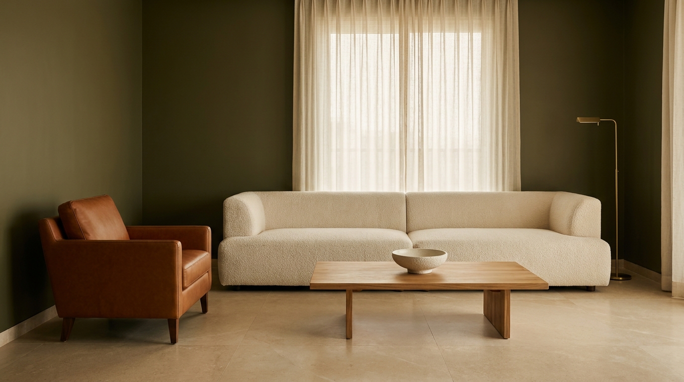 Modern Indian apartment living room with deep olive green walls, a cream boucle sofa, and a cognac leather armchair beside a brass floor lamp