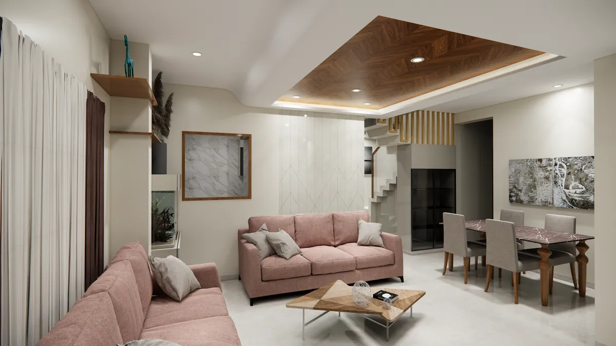 Render of a living room with two dusty-pink fabric sofas and a two-tone wood coffee table under a walnut-veneer ceiling raft with cove light