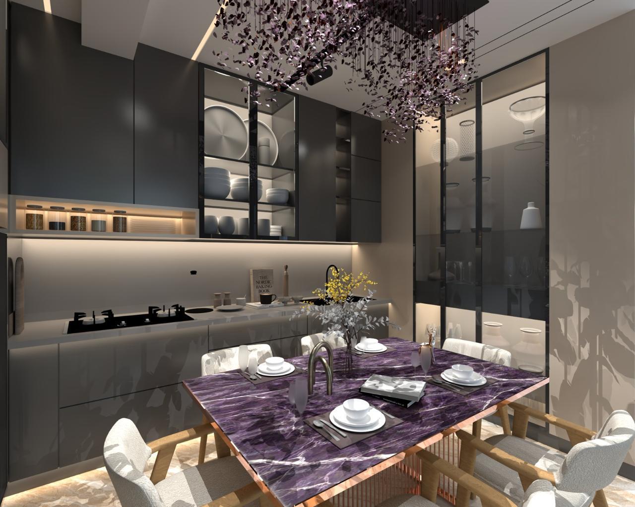 Render of an open dining and kitchen space with a large amethyst-marble dining table for six, a sculptural floral chandelier overhead