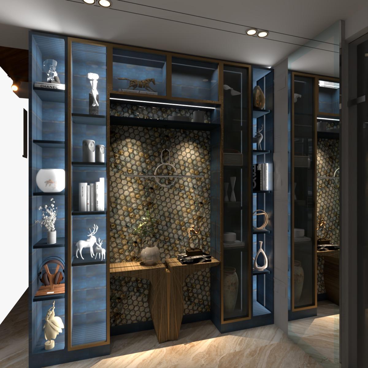 Render of a luxury foyer display wall with blue-and-gold lacquered shelving, a hexagonal mosaic tile niche, a sculptural wood console table