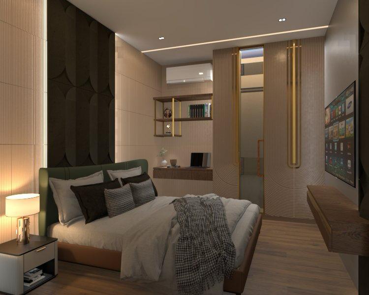 Render of a bedroom with a green upholstered bed against a dark scalloped-textured wall panel, a fluted gold-trimmed wall leading to an ensuite