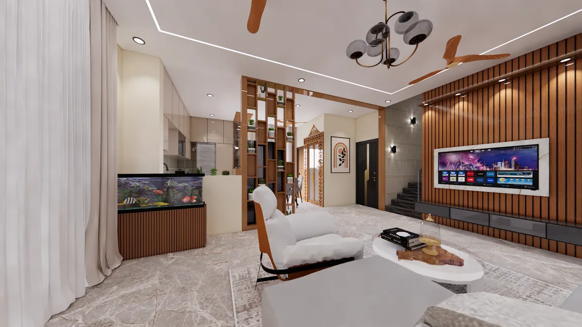 Render of an open living room — a fluted teak TV wall with recessed spots and grey floating drawers