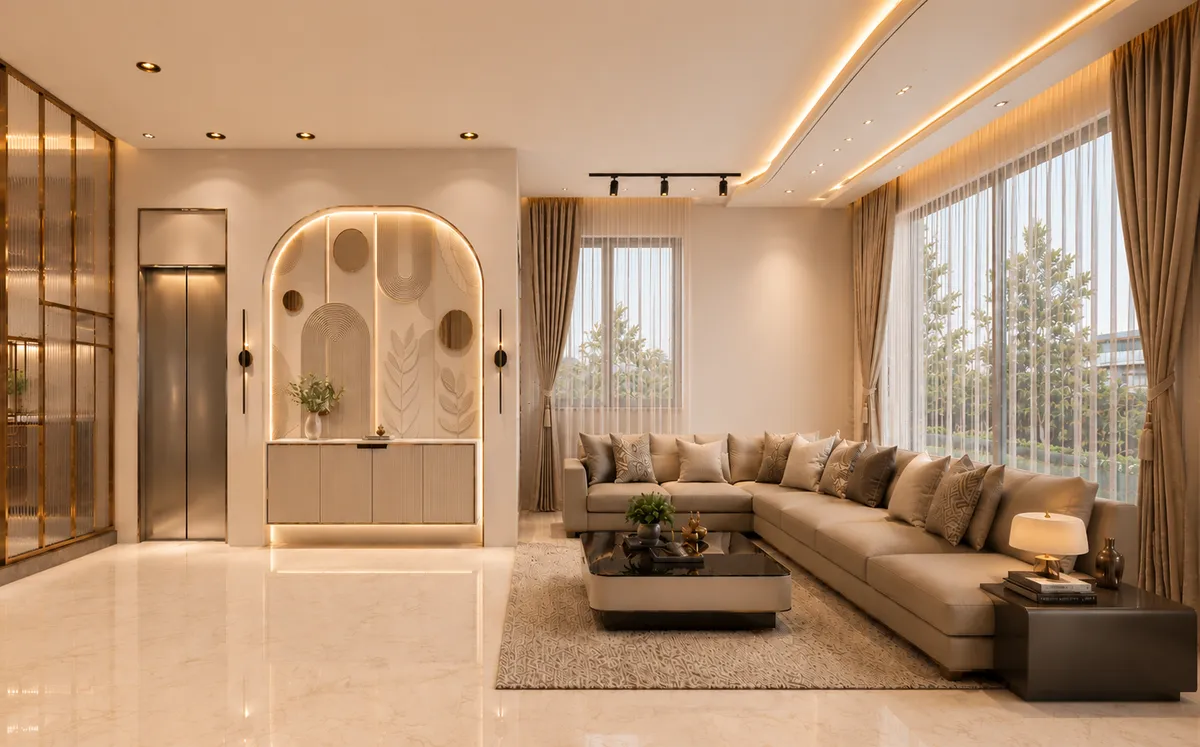Render of a warm beige living room with an L-shaped sofa, glass coffee table, sheer floor-to-ceiling curtains and a gold-lit arched wall niche beside a private