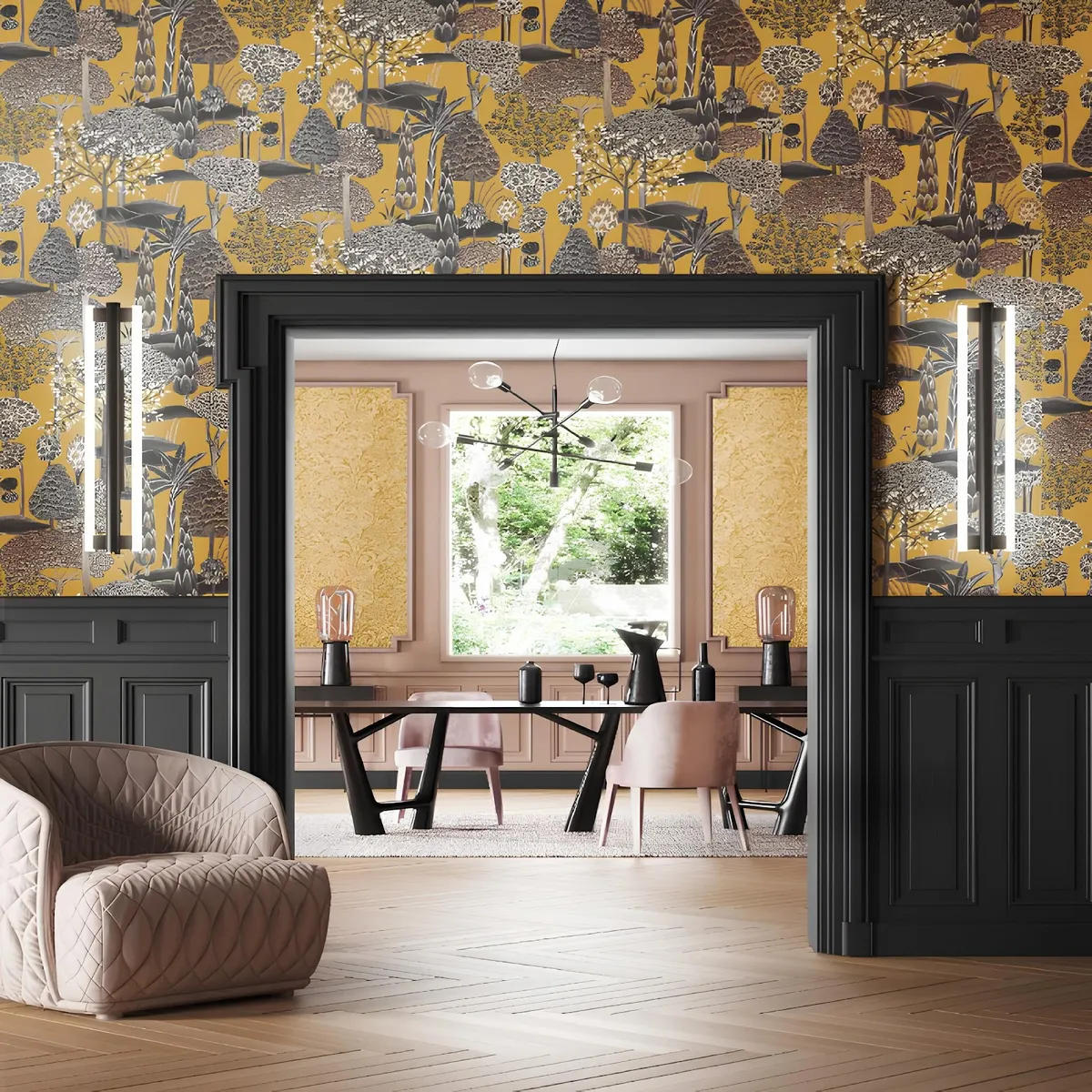 Render of a dining room seen through a black-framed archway, with mustard botanical wallpaper, black wainscoting