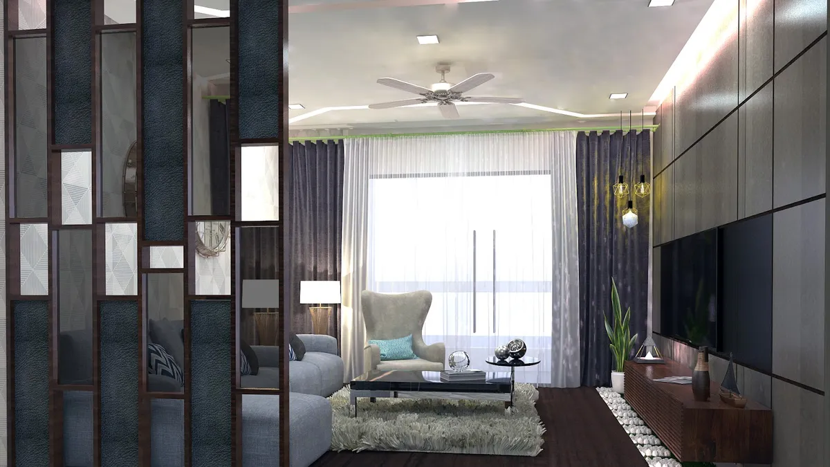 Render of a narrow living room viewed past a floor-to-ceiling slatted partition of mirror and textured fabric