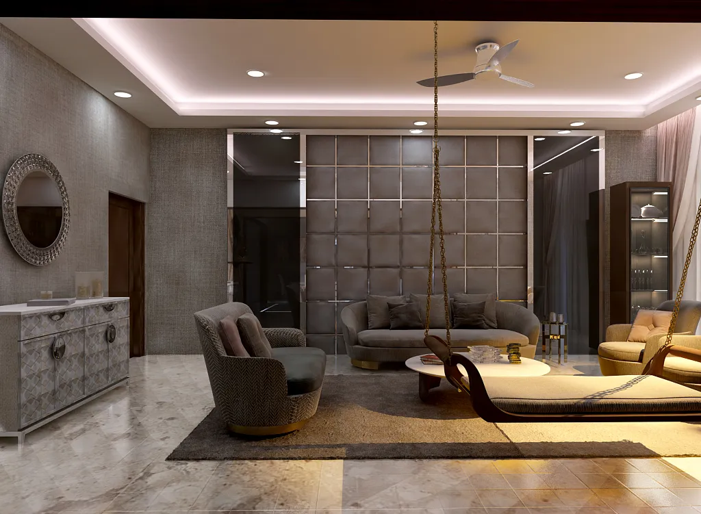 Render of a formal drawing room built around a brass-chain jhoola swing in the centre, with a grid of grey upholstered wall panels behind the curved sofa