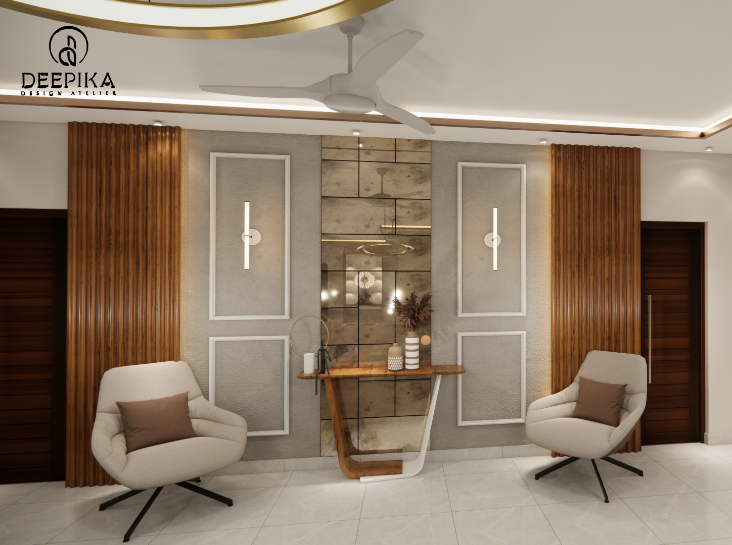 Render of an entrance foyer with fluted-wood-panelled walls, an antiqued mirror console nook, and two beige swivel accent chairs.
