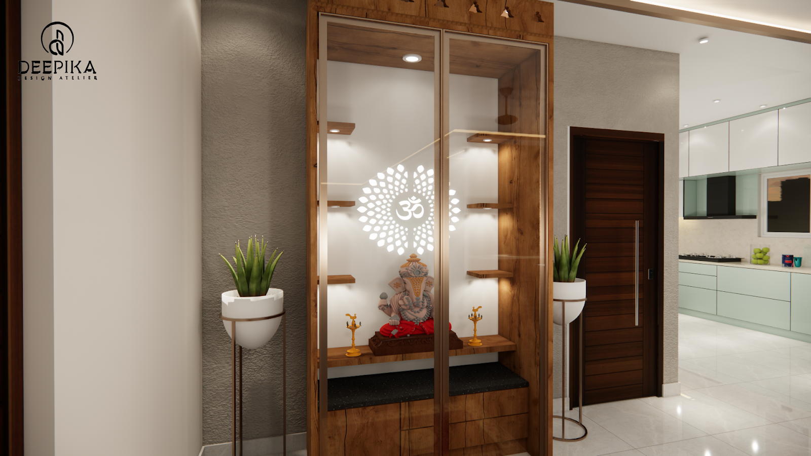 Render of a glass-fronted wood pooja unit with a backlit Om motif and idol niche, flanked by potted plants near the entrance door with the kitchen visible