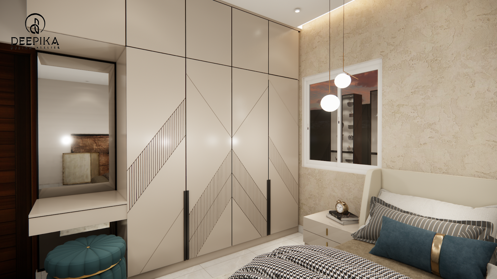 Render of a bedroom with a full-height chevron-patterned wardrobe, dressing mirror, teal tufted ottoman