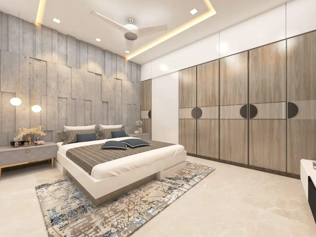 Render of a bedroom where a staggered concrete-effect panelled headboard wall meets a full-height wardrobe run detailed with fluted strips and dark discs