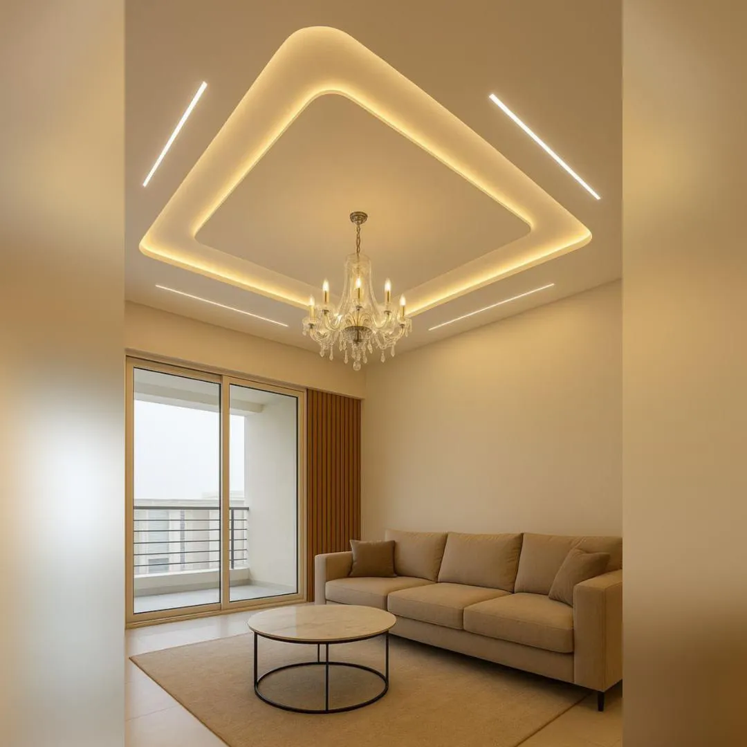 Living room with a diamond-shaped LED profile false ceiling framing a crystal chandelier, a beige sofa around a round marble-top coffee table