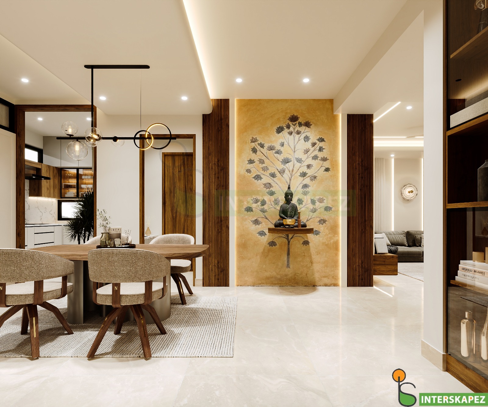 Render of an open-plan dining and entrance area with a lotus-tree mural and Buddha statue niche on a fluted wood feature wall