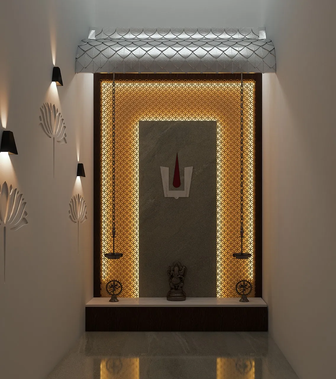 Render of a niche pooja unit with a backlit gold jaali surround framing a grey stone-look panel