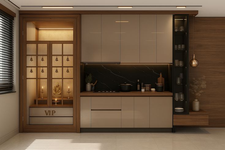 Render of an open kitchen with taupe handleless upper and lower cabinets, a black marble backsplash, a glass-fronted display cabinet with a pendant light
