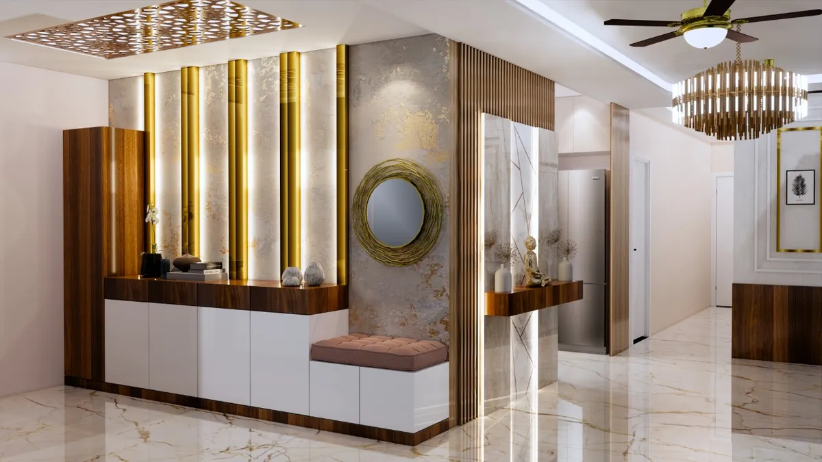 Render of a foyer where backlit gold half-round flutes rise over a white-and-walnut shoe bench, a rope-framed round mirror sits on gold-veined texture