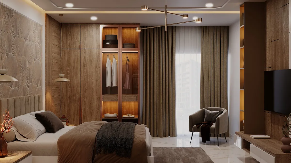 Render of a wood-lined master bedroom where a glass-fronted, internally lit wardrobe bay breaks the run of solid veneer shutters