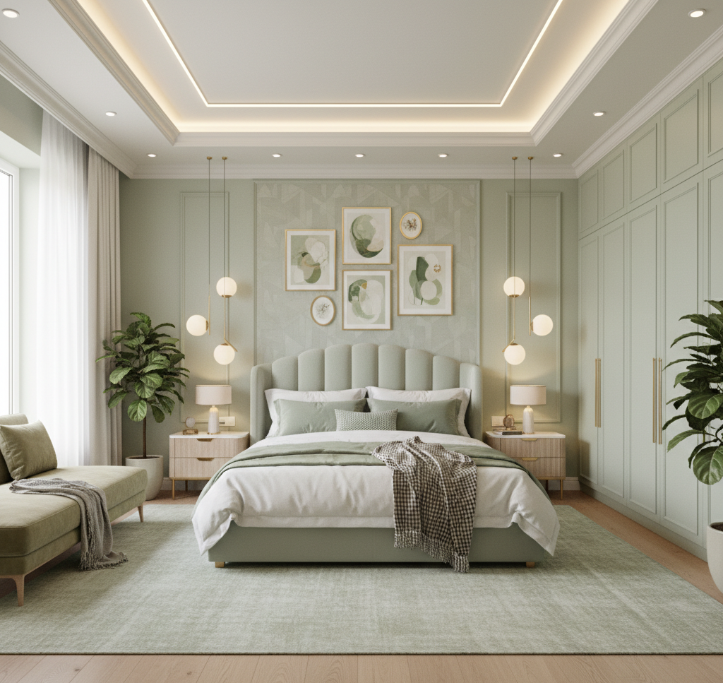 Render of a master bedroom with a sage-green upholstered scalloped headboard, a gallery wall of botanical prints