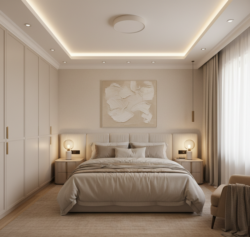 Render of a monochrome beige bedroom with a tall panelled wardrobe wall, a cove-lit ceiling, and an abstract textured painting above the upholstered bed.
