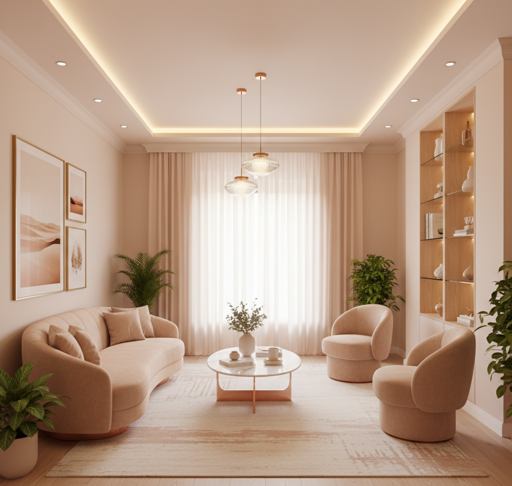 Render of a blush-pink living room with a curved sofa and swivel armchairs around a marble-top coffee table, cove-lit ceiling and a glass-shelved display niche.