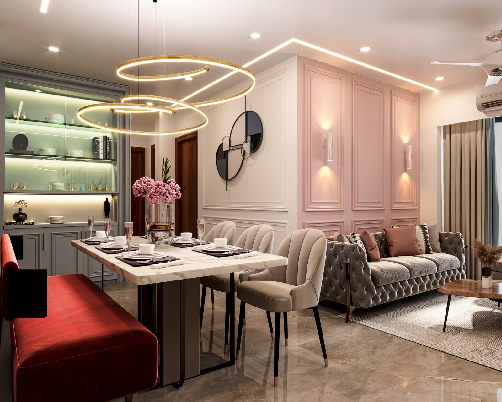 Rendered open-plan dining-living space with a blush pink panelled wall, a gold ring pendant light over a marble dining table