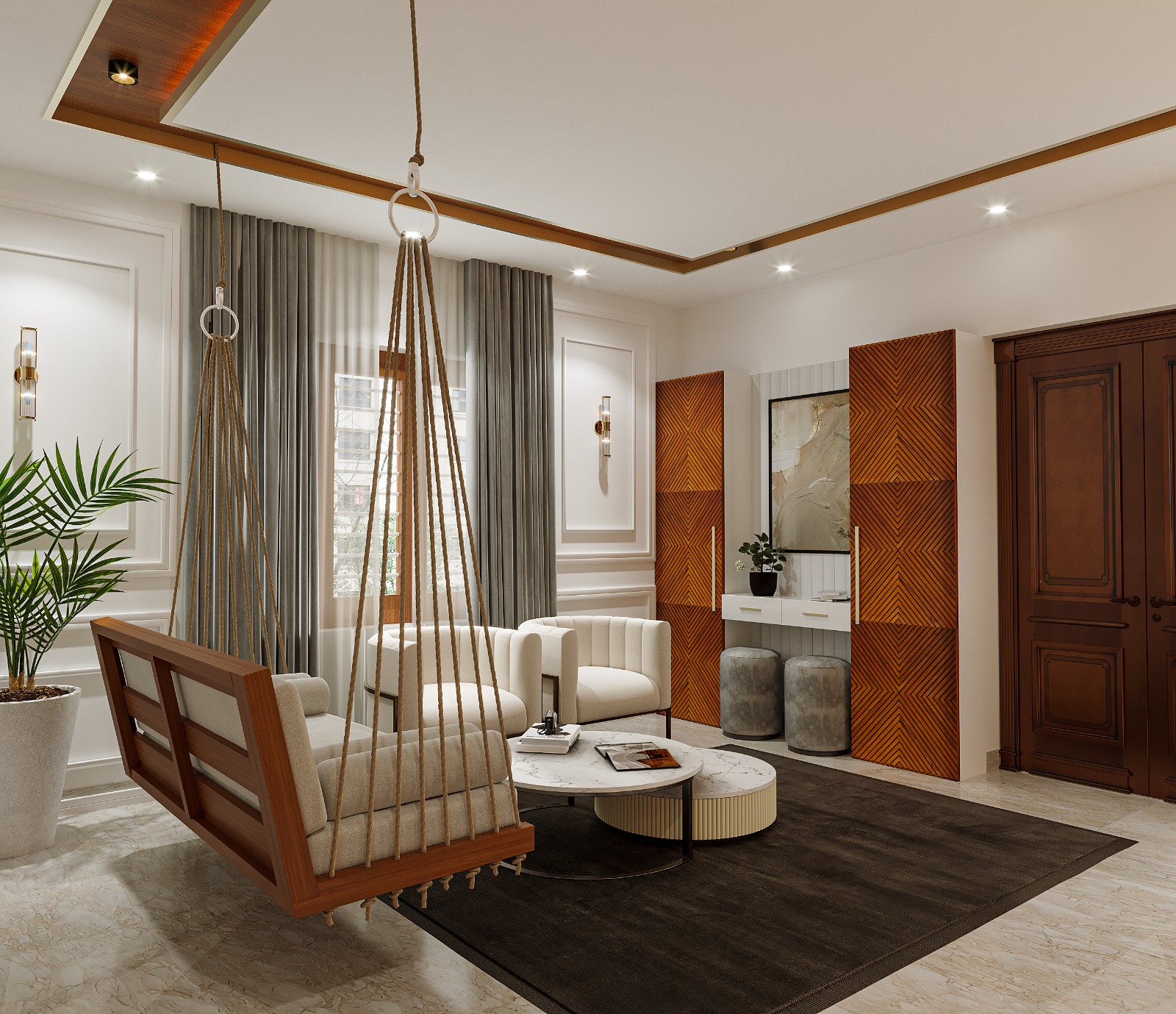 Render of a living room centred on a rope-hung wooden swing seat, facing a carved dark-wood main door and fluted orange wood wardrobe panels.