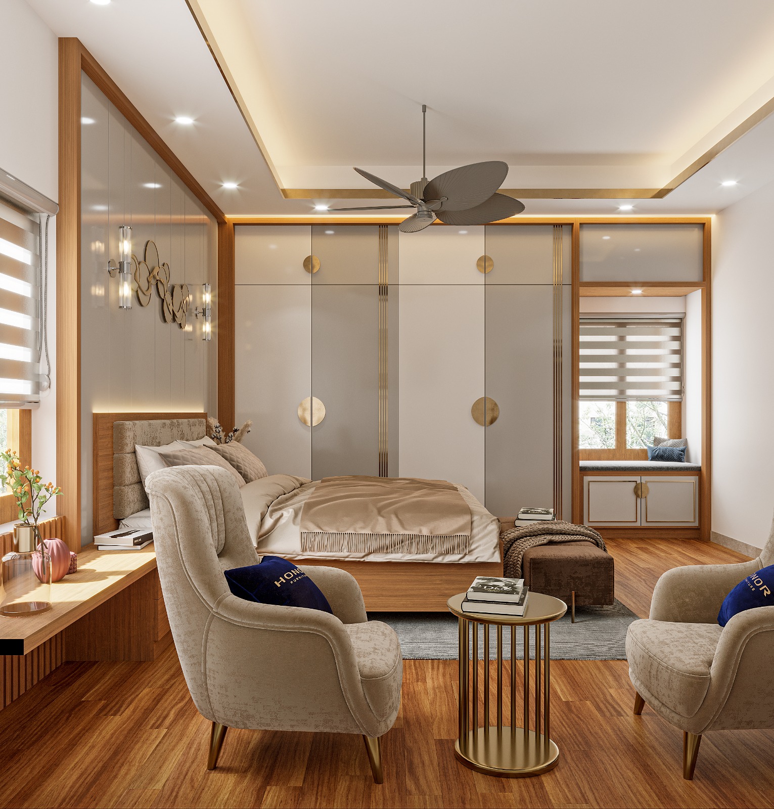 A render of a master bedroom with a fluted grey-and-brass wardrobe wall, a beige upholstered bed with a matching bench
