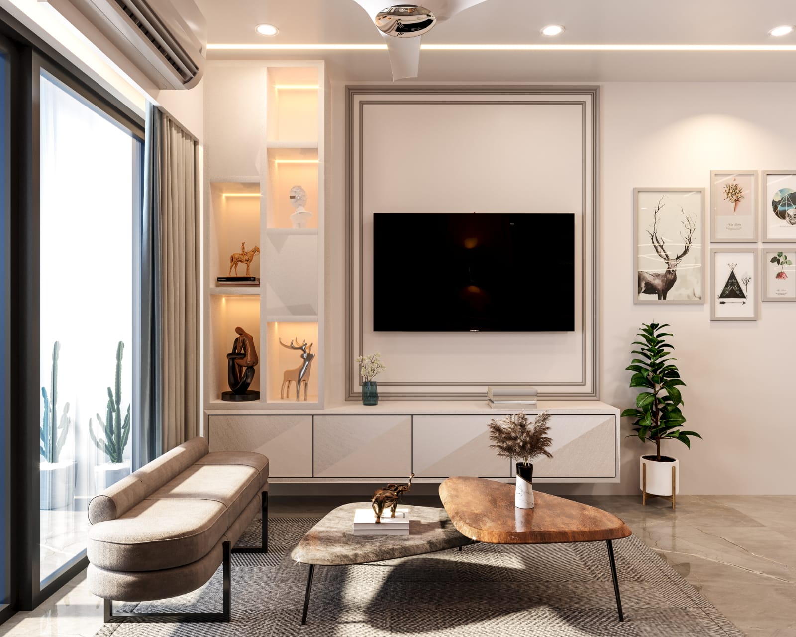 Render of a living room with a moulded TV feature wall, backlit display niches holding curios, a gallery wall of framed prints