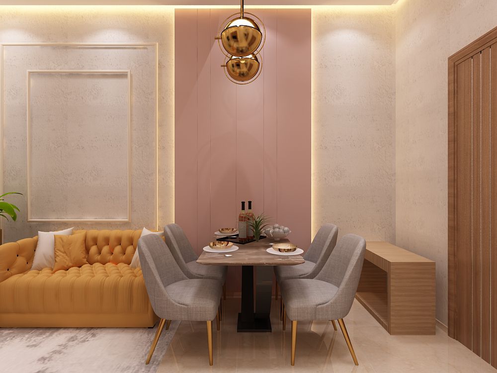 Render of a dining nook with a blush-pink panelled wall, a double brass globe pendant light over a marble-top table with grey chairs