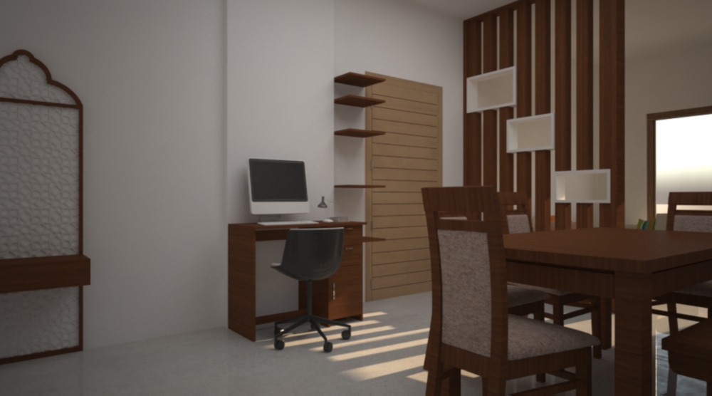 Render of an open dining and study area with a wood dining table and chairs, a built-in desk with corner shelving
