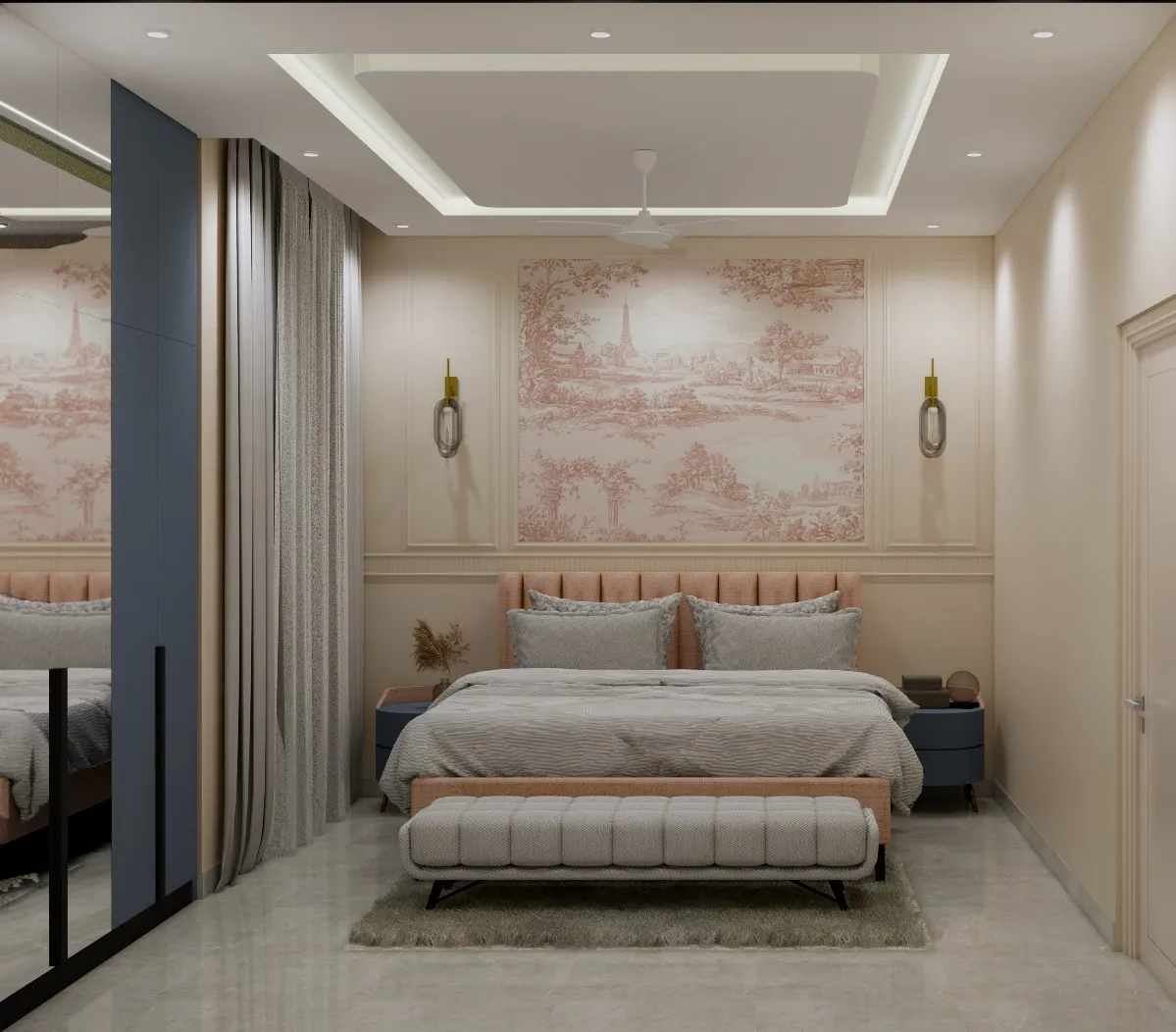 Render of a bedroom with a blush toile mural wallpaper panel flanked by wall sconces, a channel-tufted pink headboard