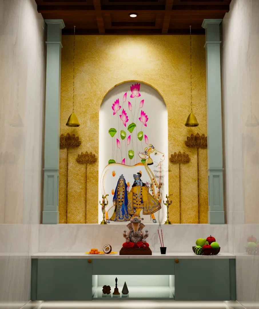 Render of a marble-framed pooja niche with a hand-painted Pichwai Shrinathji mural in an arched recess on gold-textured plaster