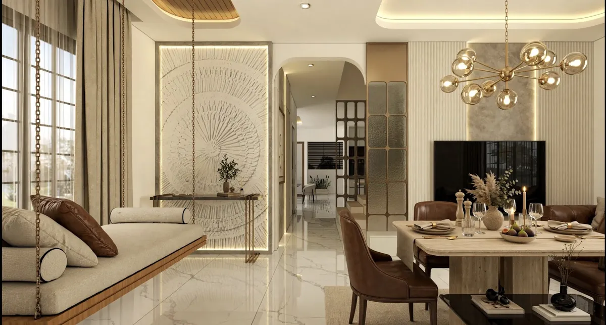 Render of an open-plan living-dining space with a chain-hung swing seat, a circular textured stone accent wall