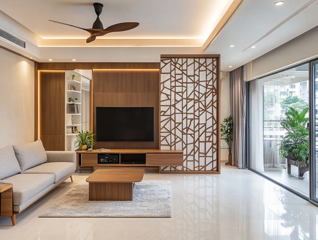 Living room with a walnut-veneer TV console, a geometric wood jaali room divider, and cove-lit ceiling detailing.