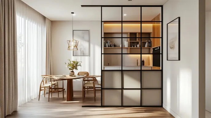 Render of a light-oak dining nook with an oval table and four paper-cord wishbone chairs under a faceted brass geometric pendant