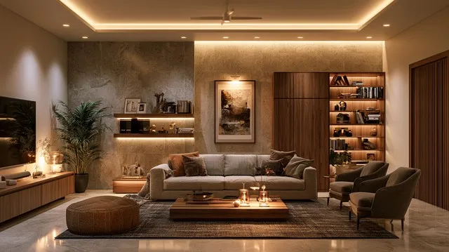 Warmly lit render of a living room with a textured travertine feature wall, two floating shelves of curios