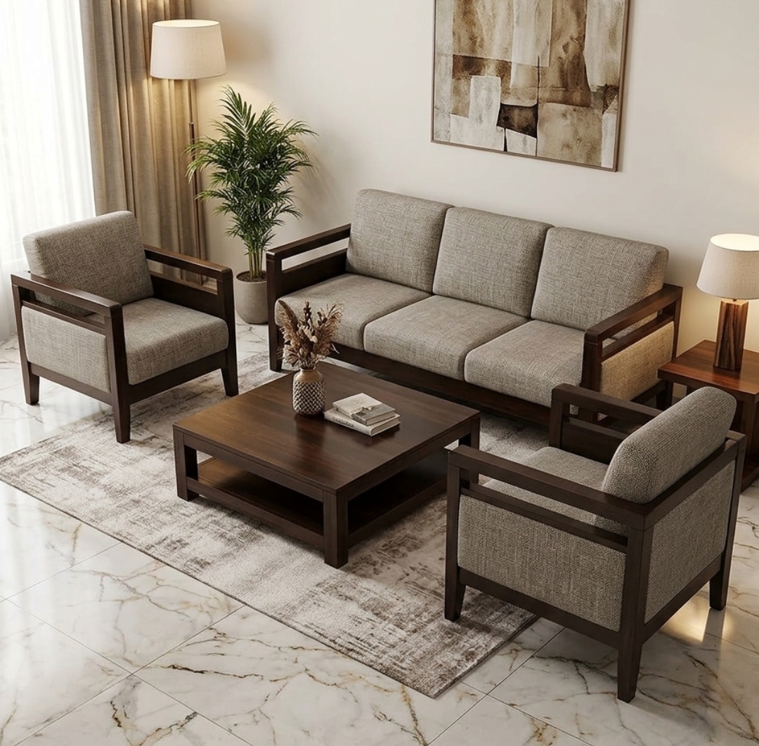 Mid-century style walnut-frame sofa set with grey woven upholstery around a wood coffee table on a cream marble floor.