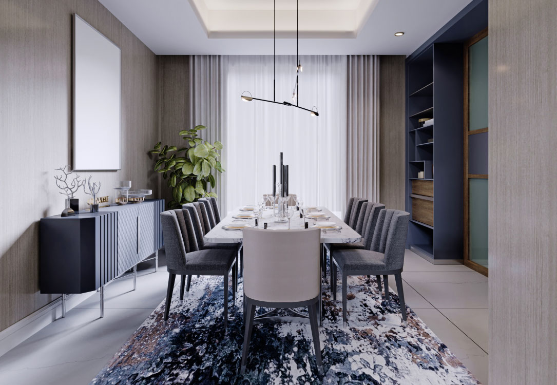 Render of a dining room with a marble-top table seating eight, a sculptural linear pendant light, fluted wood wall panelling
