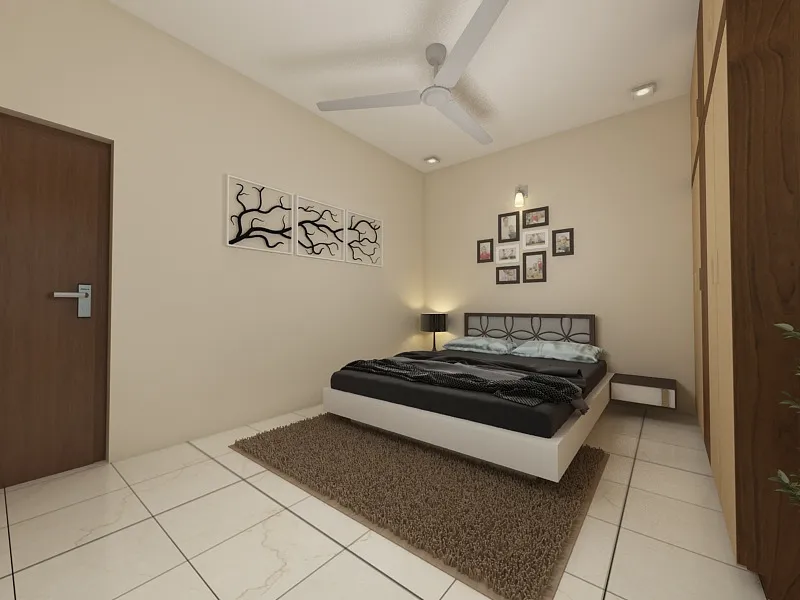 Master bedroom with a black upholstered platform bed and attached floating nightstand on a brown shag rug, a three-panel branch wall-art