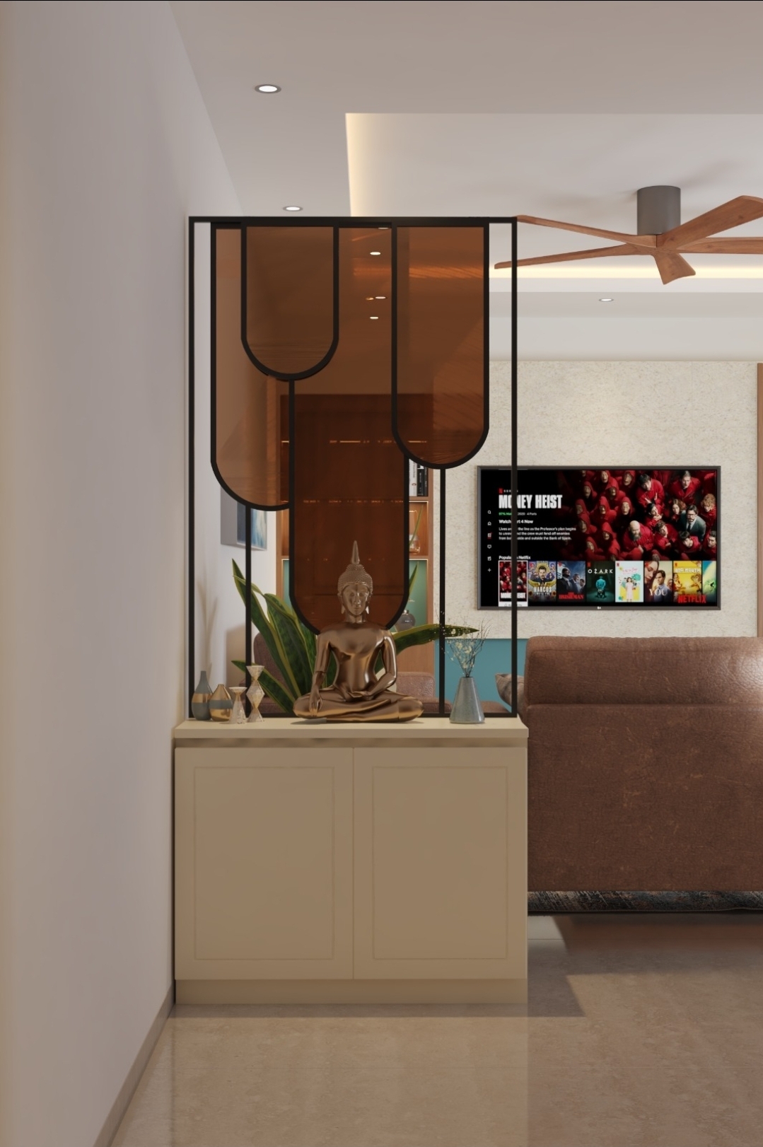 Rendered living room with an arched amber-glass partition screen framing a brass Buddha statue on a cream console