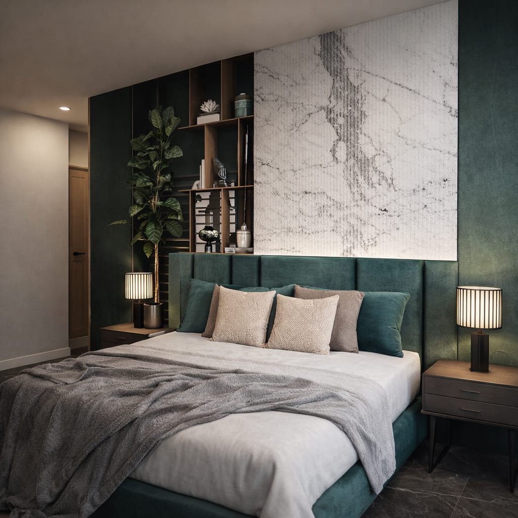 Render of a bedroom with a deep green channel-tufted velvet headboard wall, a marble panel insert above, an open wood display shelf