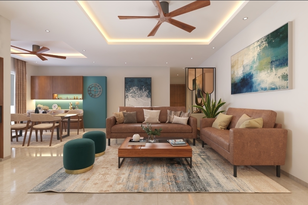 Render of an open living-dining space with tan leather track-arm sofas, teal velvet ottomans, a patterned area rug