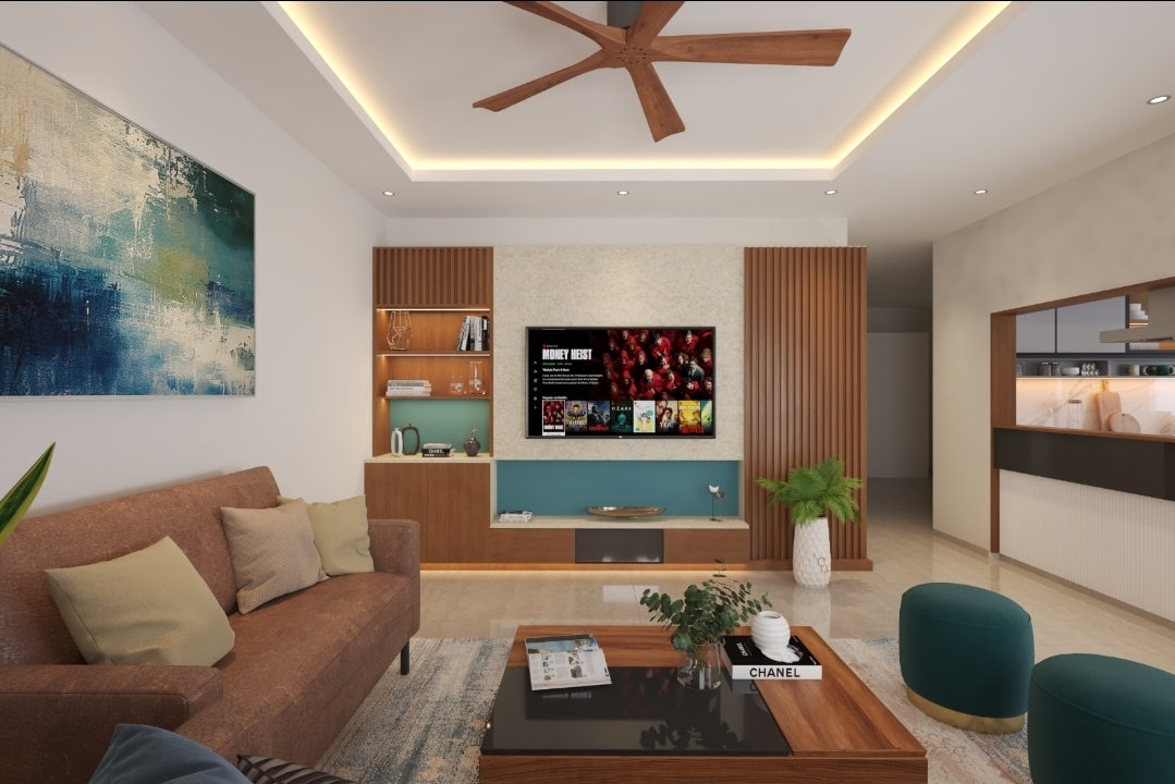 Render of a living room with a fluted wood-panelled TV feature wall in teal, a textured plaster backdrop, a brown fabric sofa with olive cushions