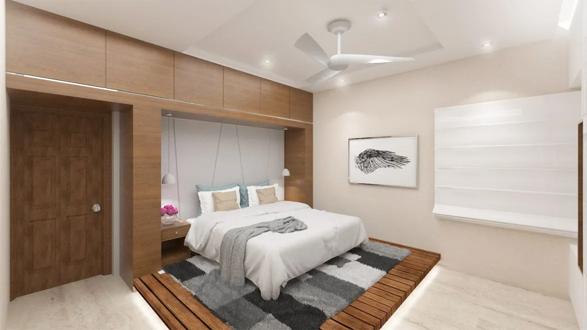 Render of a bedroom where a teak-veneer wardrobe run with overhead lofts turns to form the headboard alcove