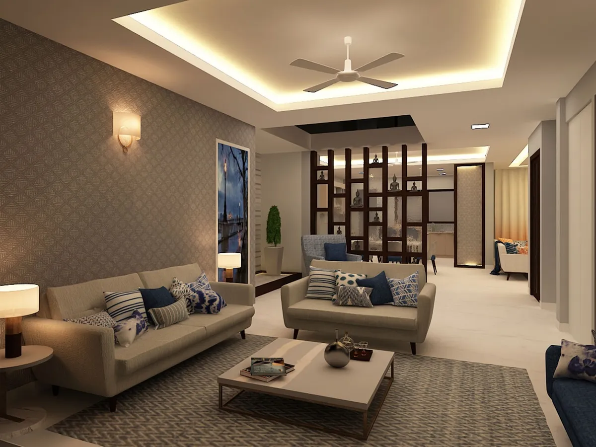 Render of a long living room with a taupe embossed-damask wallpaper wall, a dark wood open-grid partition holding Buddha figurines that screens the dining