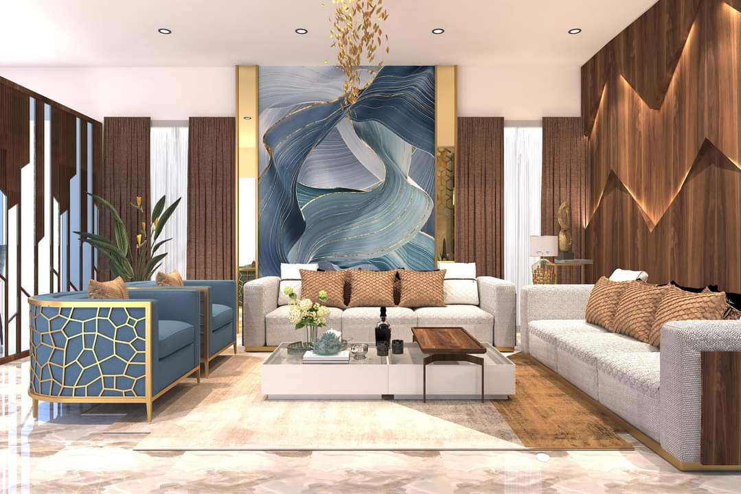 Rendered living room with a large abstract blue-and-gold canvas flanked by brass trim, teal cracked-pattern accent chairs, grey sofas